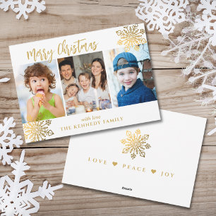 White & Gold SnowFlake 3 Photo Collage Christmas Holiday Card