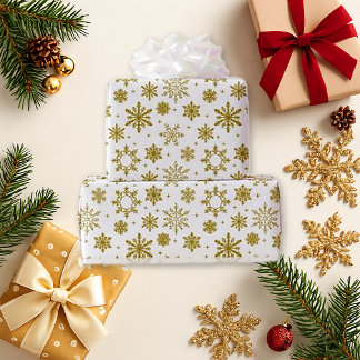 White Gold Snowflake Holiday Print Wrapping Paper