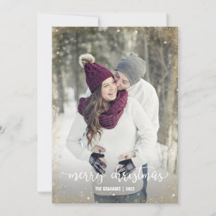 White Gold Snowflake Photo Merry Christmas Cards