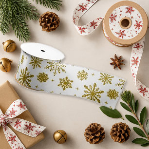 White Gold Snowflake Winter Sparkle Pattern Satin Ribbon