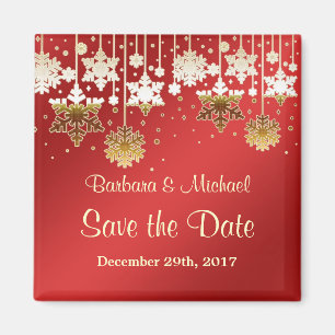 White gold snowflakes on red Save the Date Magnet