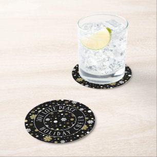 White Gold Snowflakes Polkadots On Black Round Paper Coaster