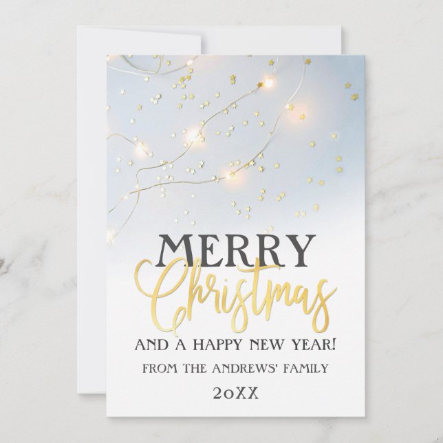 White Gold Star Confetti Glowing Lights Christmas Holiday Card (Front)