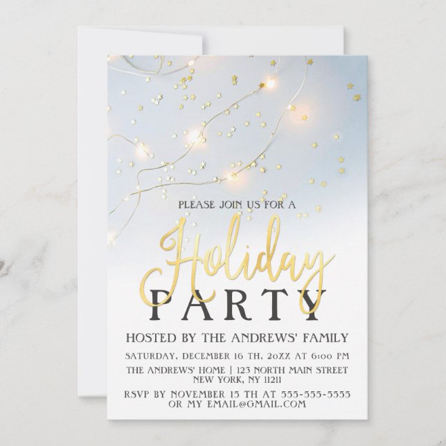 White Gold Star Confetti Glowing Lights Holiday Invitation (Front)