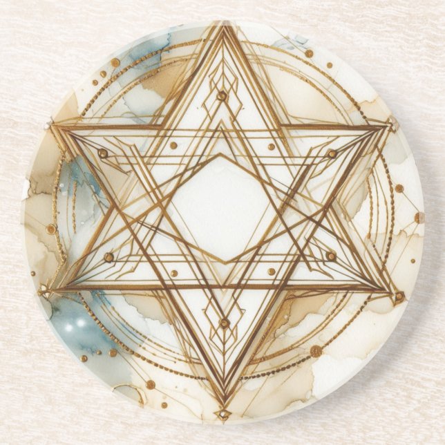 White Gold Star Of David, Alcohol Ink Watercolor Coaster (Front)