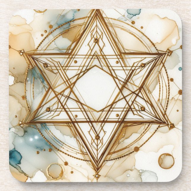 White Gold Star Of David, Alcohol Ink Watercolor Coaster (Front)