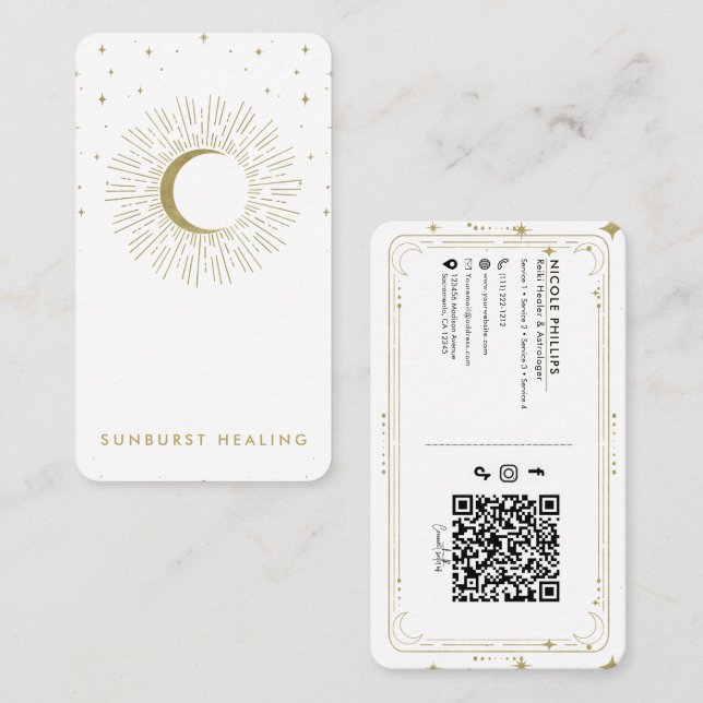 White & Gold Stars Celestial Sunburst Moon QR  Business Card (Front/Back)