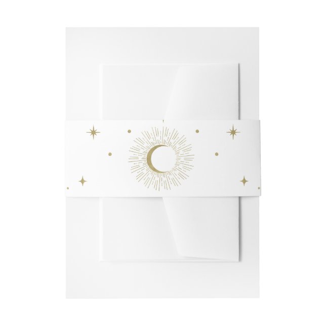 White & Gold Stars Celestial Sunburst Moon Wedding Invitation Belly Band (Front Example)