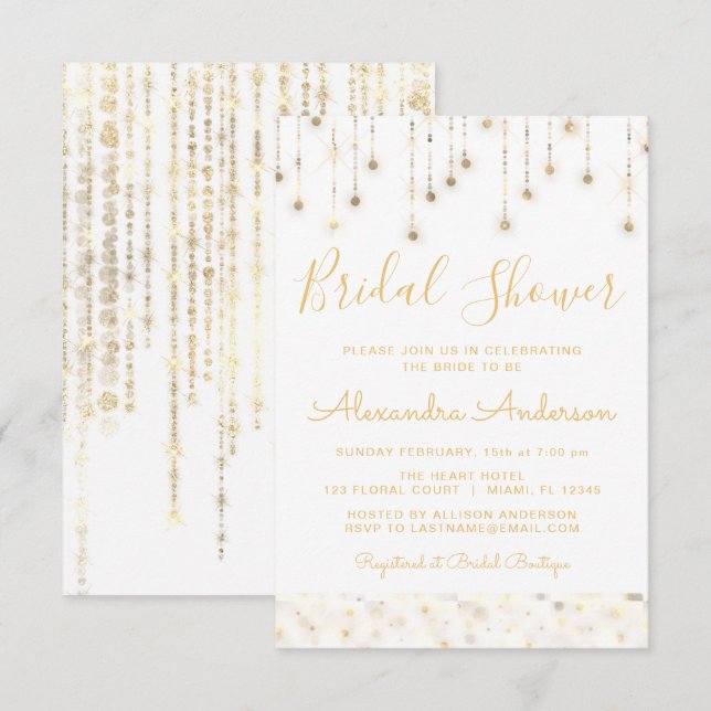 White Gold String Lights Bridal Shower Invitation (Front/Back)