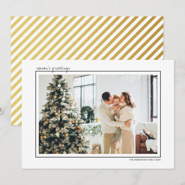 White & Gold Stripes Season's Greetings Photo Holiday Card (Front/Back)