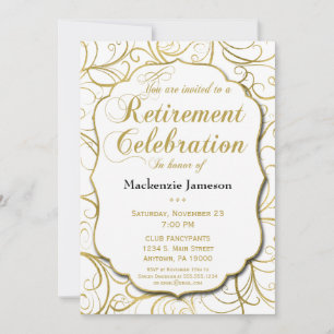 White Gold Swirl Retirement Invitation Elegant