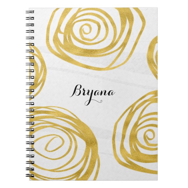 White & Gold Swirl Roses Modern Journal Notebook (Front)