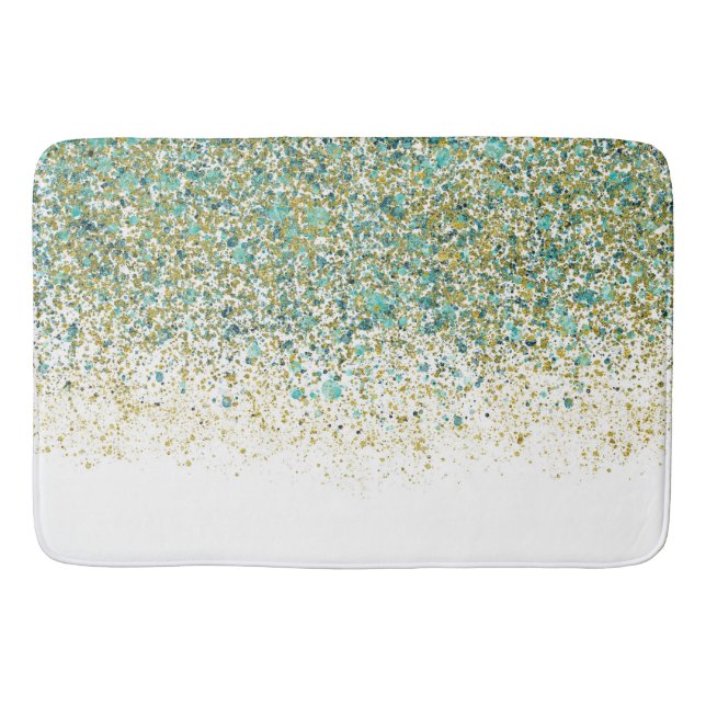 White Gold & Teal Blue Glitter Modern Coastal Glam Bath Mat (Front)