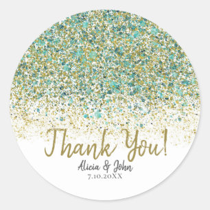 White Gold & Teal Blue Glitter Modern Coastal Glam Classic Round Sticker