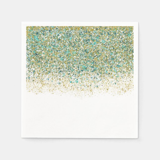 White Gold & Teal Blue Glitter Modern Coastal Glam Napkin (Front)