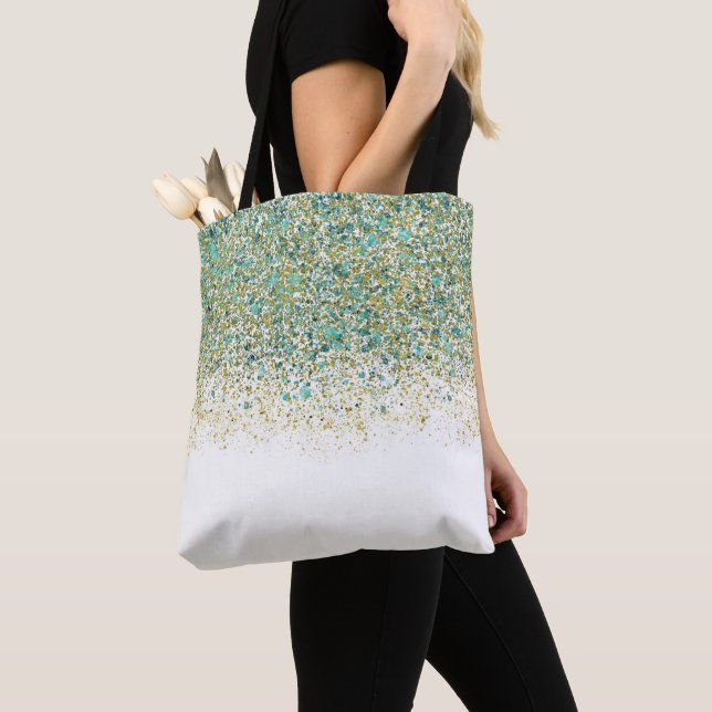 White Gold & Teal Blue Glitter Modern Coastal Glam Tote Bag (Close Up)