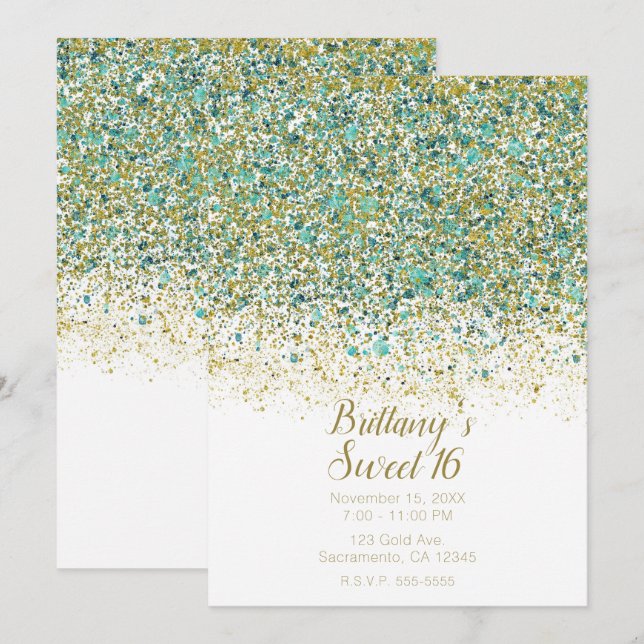 White Gold & Teal Glitter Modern Coastal Sweet 16 Invitation (Front/Back)