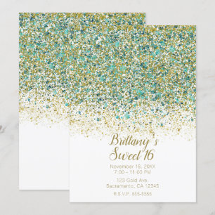 White Gold & Teal Glitter Modern Coastal Sweet 16 Invitation