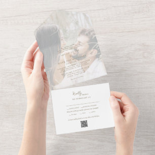 White Gold Text Couple Photo Wedding All In One Invitation