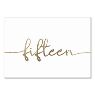 White Gold Text Number Fifteen 15 Wedding  Table Number