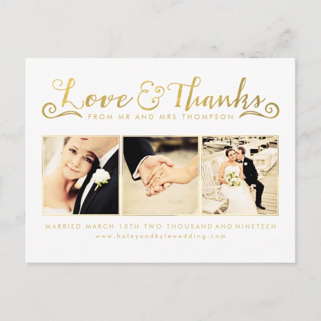 White Gold Thank You Script Typography Photo Postcard (Front)