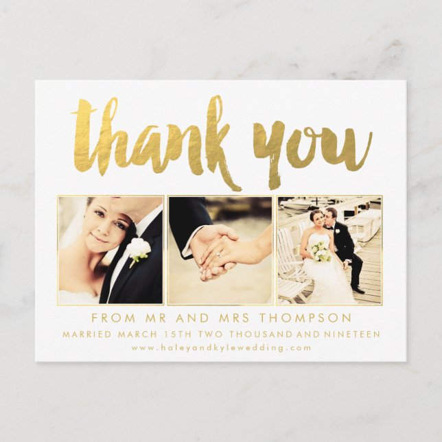 White Gold Thank You Script Typography Photo Postcard (Front)