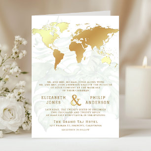White Gold Tropical Destination World Map Wedding Invitation
