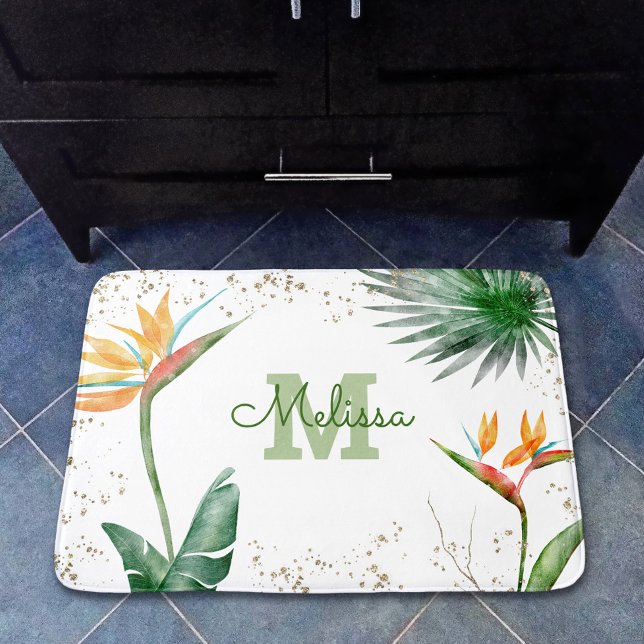 White Gold Tropical Floral Foliage Monogram Name Bath Mat (Creator Uploaded)