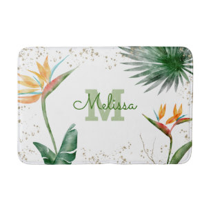 White Gold Tropical Floral Foliage Monogram Script Bath Mat