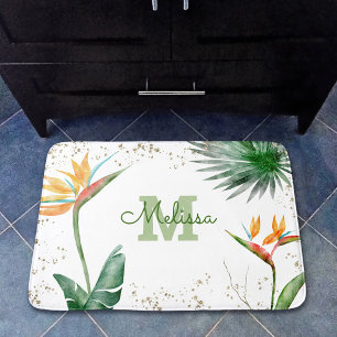 White Gold Tropical Floral Foliage Monogram Script Bath Mat