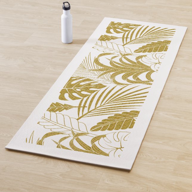 White & gold tropical leaves pattern Yoga Mat (In Situ)