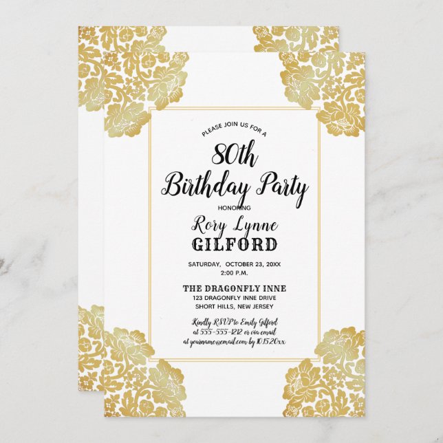White | Gold Victorian Lace 80th Birthday Party Invitation (Front/Back)