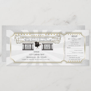 White Gold Vintage Cinema Wedding Ticket & RSVP Invitation