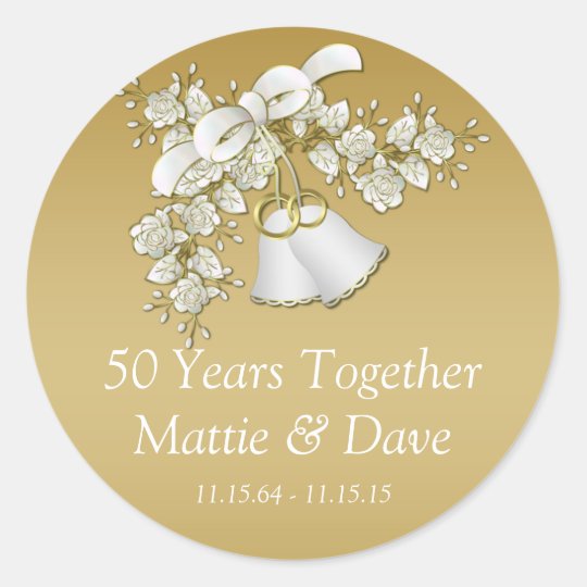 White Gold Wedding Bells Flowers 50th Anniversary Classic Round Sticker | Zazzle.com.au