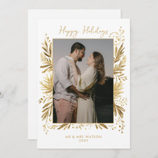 White Gold Winter Botanical Christmas 4 Photo  Holiday Card