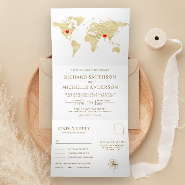 White Gold World Map All in One Wedding Tri-Fold Invitation (Creator Uploaded)