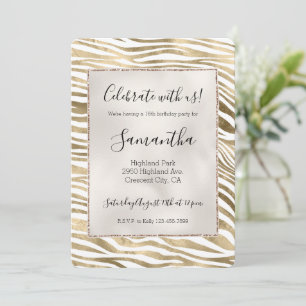 White Gold Zebra Animal Print   Invitation