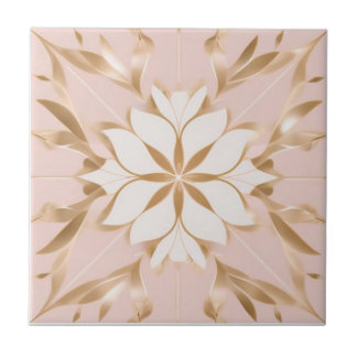 White, golden and pink floral ceramic tile