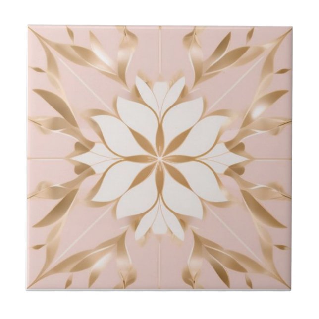 White, golden and pink floral ceramic tile (Front)