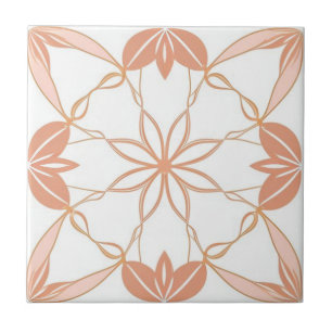 White, golden and pink floral ceramic tile