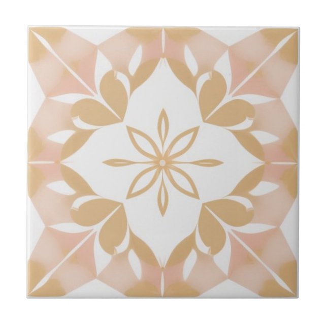 White, golden and pink floral ceramic tile (Front)