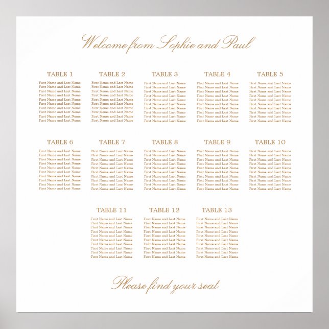 White Golden Beige 13 Table Wedding Seating Chart (Front)