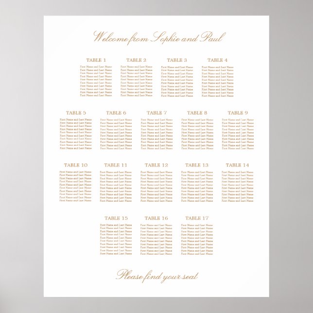 White Golden Beige 17 Table Wedding Seating Chart (Front)