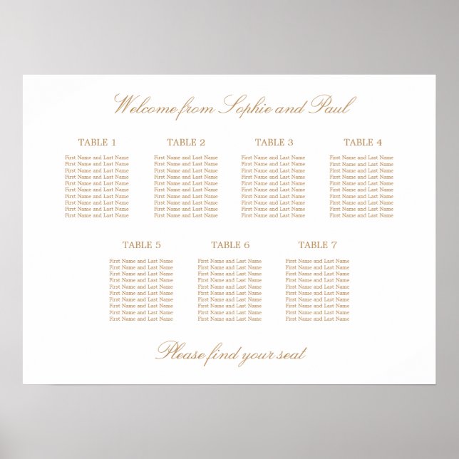 White Golden Beige 7 Table Wedding Seating Chart (Front)