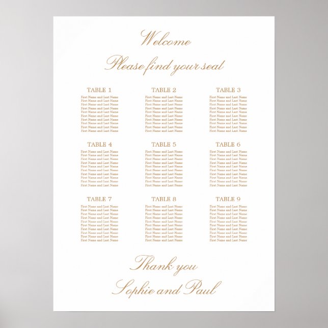 White Golden Beige 9 Table Wedding Seating Chart (Front)
