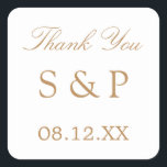 White Golden Beige Wedding Favour Thank You Square Sticker<br><div class="desc">White Golden Beige Wedding Favour Thank You Square Sticker, please personalise with initials of the couple and the date of the wedding, using the online personalisation template before ordering. The sticker features stylish text in a golden shade of beige (faux gold / gold look) on a background of classic traditional...</div>