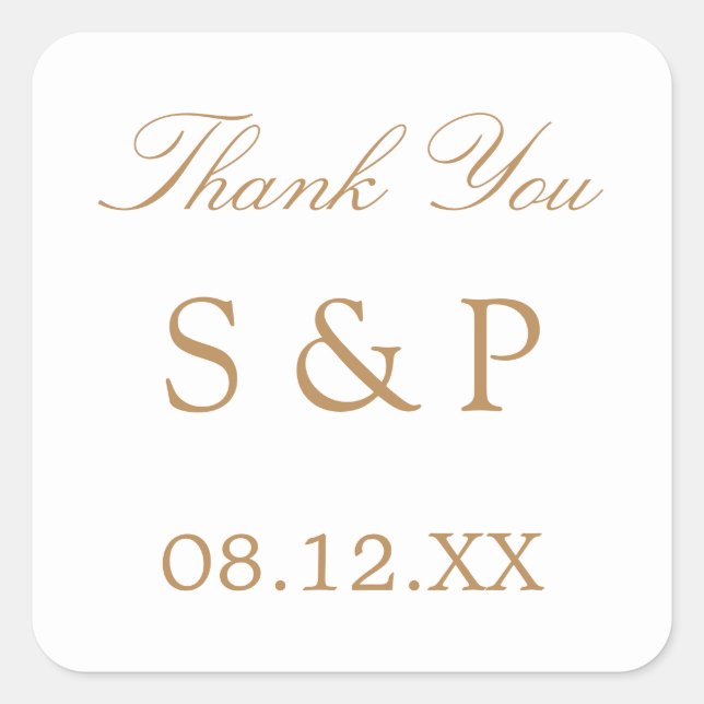 White Golden Beige Wedding Favour Thank You Square Sticker (Front)