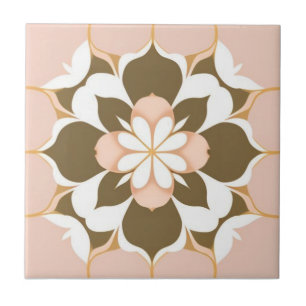 White, golden, brown and pink floral ceramic tile