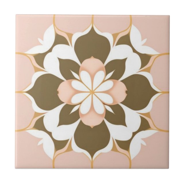 White, golden, brown and pink floral ceramic tile (Front)