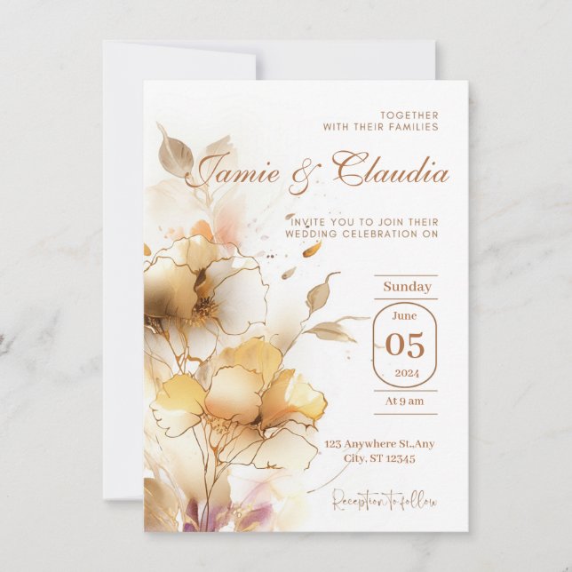 white golden elegant automn flowers Invitation (Front)